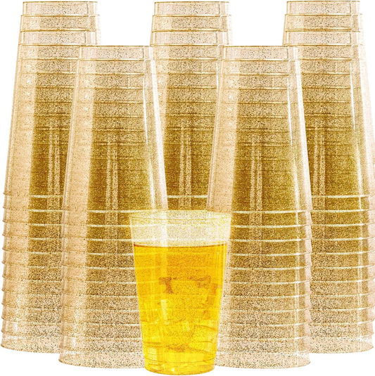 I00000 100 Pack 18 oz Gold Plastic Cups, Gold Glitter Cups Disposable Plastic Wine Glasses Cocktail Glasses Premium Cup, 18 Ounce Glitter Disposable Tumblers for Party & Wedding