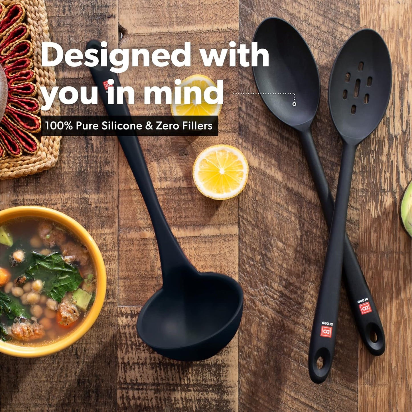 DI ORO Silicone Ladle & Spoons for Cooking – Large Kitchen Spoons for Mixing, Serving, & Stirring - Soup Ladle with Wide Bowl - High Heat Silicone Kitchen Utensils for Nonstick Cookware Safe (Black)