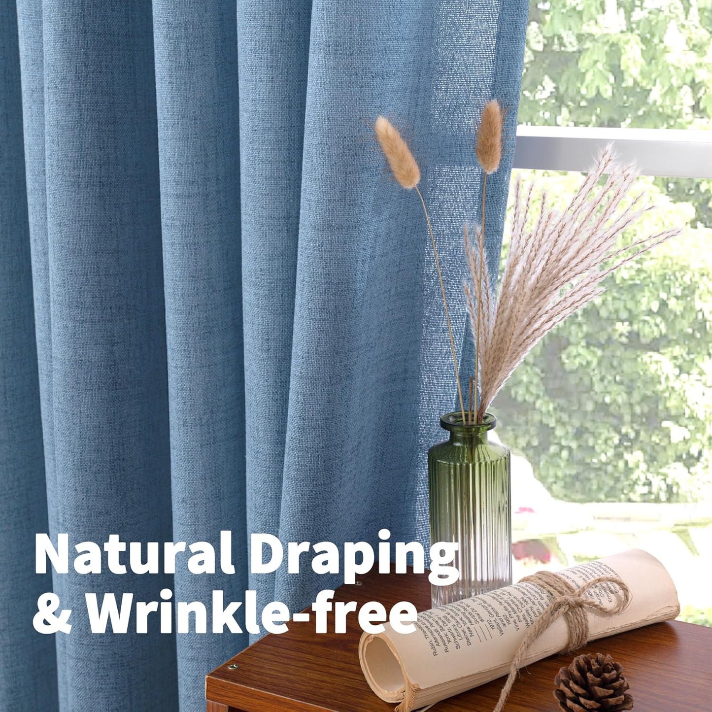 YoungsTex Denim Blue Linen Curtains 95 Inch Length for Living Room, Semi Sheer Window Drapes with Bronze Grommet Privacy Light Filtering for Farmhouse Office Bedroom, 52 x 95 Inch, 2 Panels