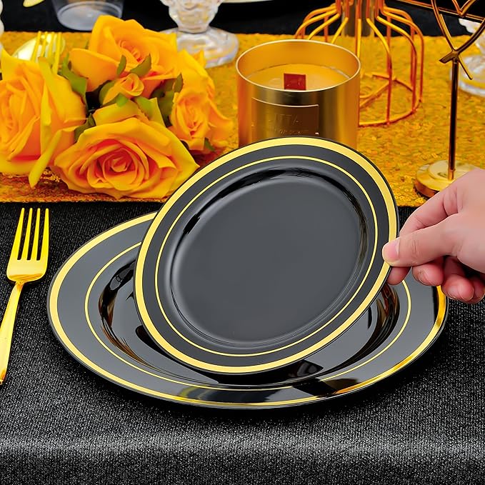 350 PCS Black and Gold Dinnerware Set for 50 Guests, Black Disposable Plates with Gold Rim for Party Wedding-50 Dinner Plates, Dessert Plates, Silverware Set,Napkins and Cups