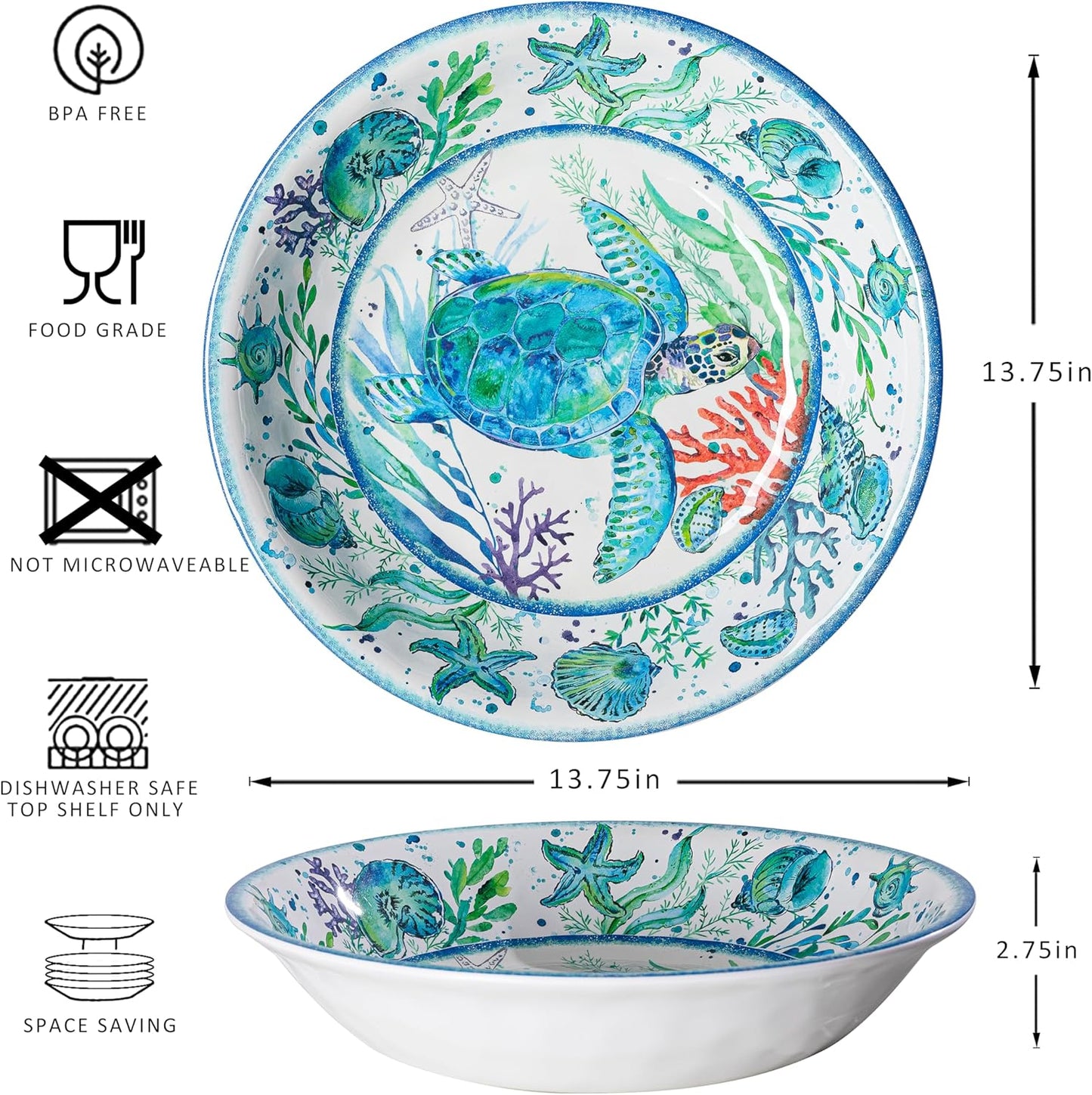 LEHAHA Extra larger Melamine serving bowl set, Coastal 13.75 Inch 130 Oz Large Fruit Bowl, Pasta Bowl, Set of 2, Serving Dishes for Entertaining, Vibrant Color Large Bowl for Party…