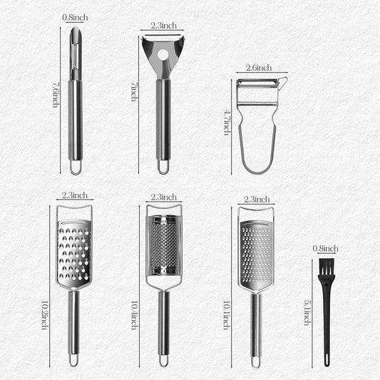 Cheese Grater Set, 7-Piece Zester Grater Peeler Set Stainless Steel Kitchen Utensil Set for Bar Restaurant Home Ginger Lemon Fruit Chocolate Vegetables Apple Gift for Christmas Birthday Housewarming