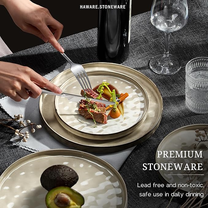HaWare Dinnerware Sets, 24-Piece Plates and Bowls Set, Stoneware Dish Set for 8, Ceramic Dinnerware for Home Restaurant, Chip and Scratch Resistant, Microwave and Dishwasher Safe, Reactive Khaki