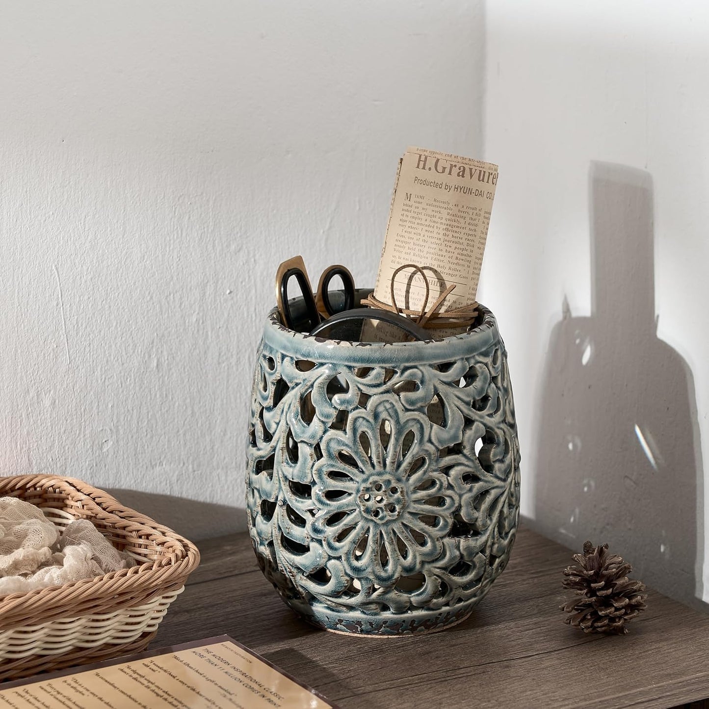 Farmhouse Kitchen Utensil Holder for Kitchen Counter, Ceramic Large Cooking Utensil Crock with Cork Mat, Countertop Cooking Tool Spatula Organizer, Antique Grayish Blue