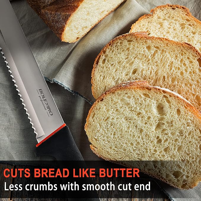 10 Inch Wavy Edge Serrated Bread Knife With Non-Slip Softgrip, Sharp & Long Blade For Homemade Bread, Crusty Breads, Cake, Bagel, 2.5MM Thickened Japanese High Carbon Stainless Steel