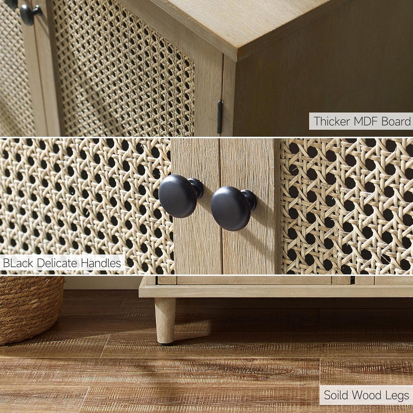 Sideboard Buffet Cabinet, Rattan Storage Cabinet with 2 Doors and Removable Shelf, Farmhouse Decor for Living Room, Entryway, Hallway, Kitchen, Dining Room