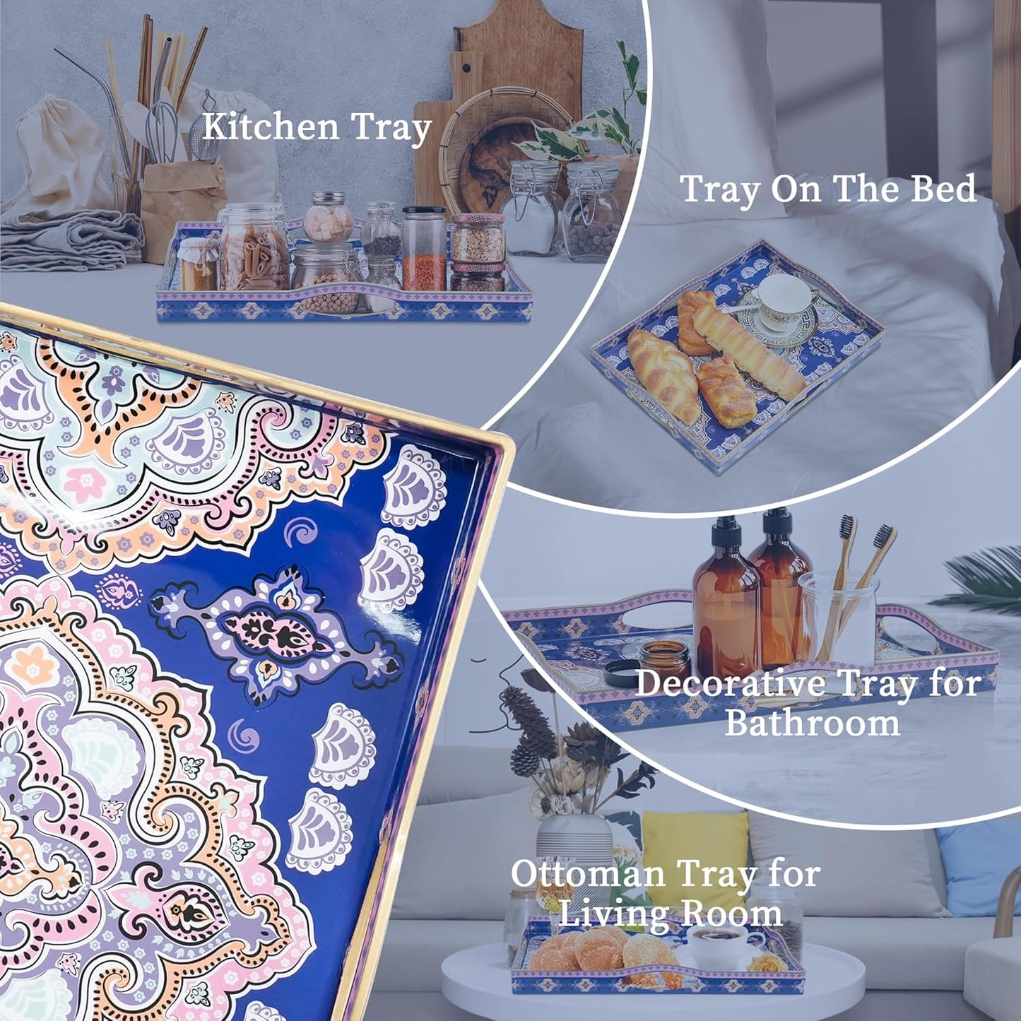 Gifturbo Serving Tray for Coffee Table, Rectangular Plastic Decorative Tray with 4 Handles for Entertaining, Outdoors, Living Room, Ottoman, Bathroom,Blue & Pink