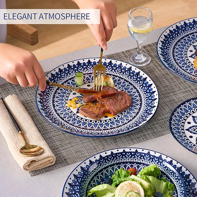 Bestone Porcelain Dinnerware Sets Service for 4, 12 pcs Hand drawn Plates and Bowls Sets, Handmade Ceramic Dish Set, Chip Resistant Modern Plate Set, Dishwasher/Microwave Safe，Vintage Blue