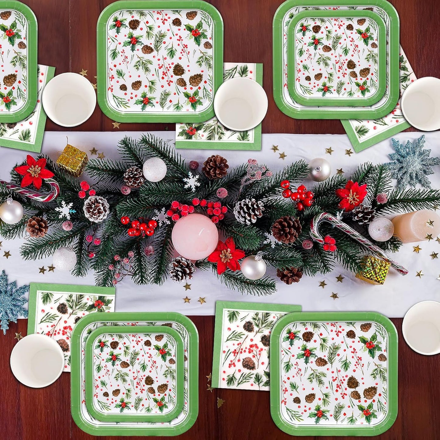 350 Pcs Paper Plates and Napkins Set Disposable Dinnerware Party Supplies Tableware Serve 50 Guest Cups Knife Forks Spoon(Green,Pine Cones)