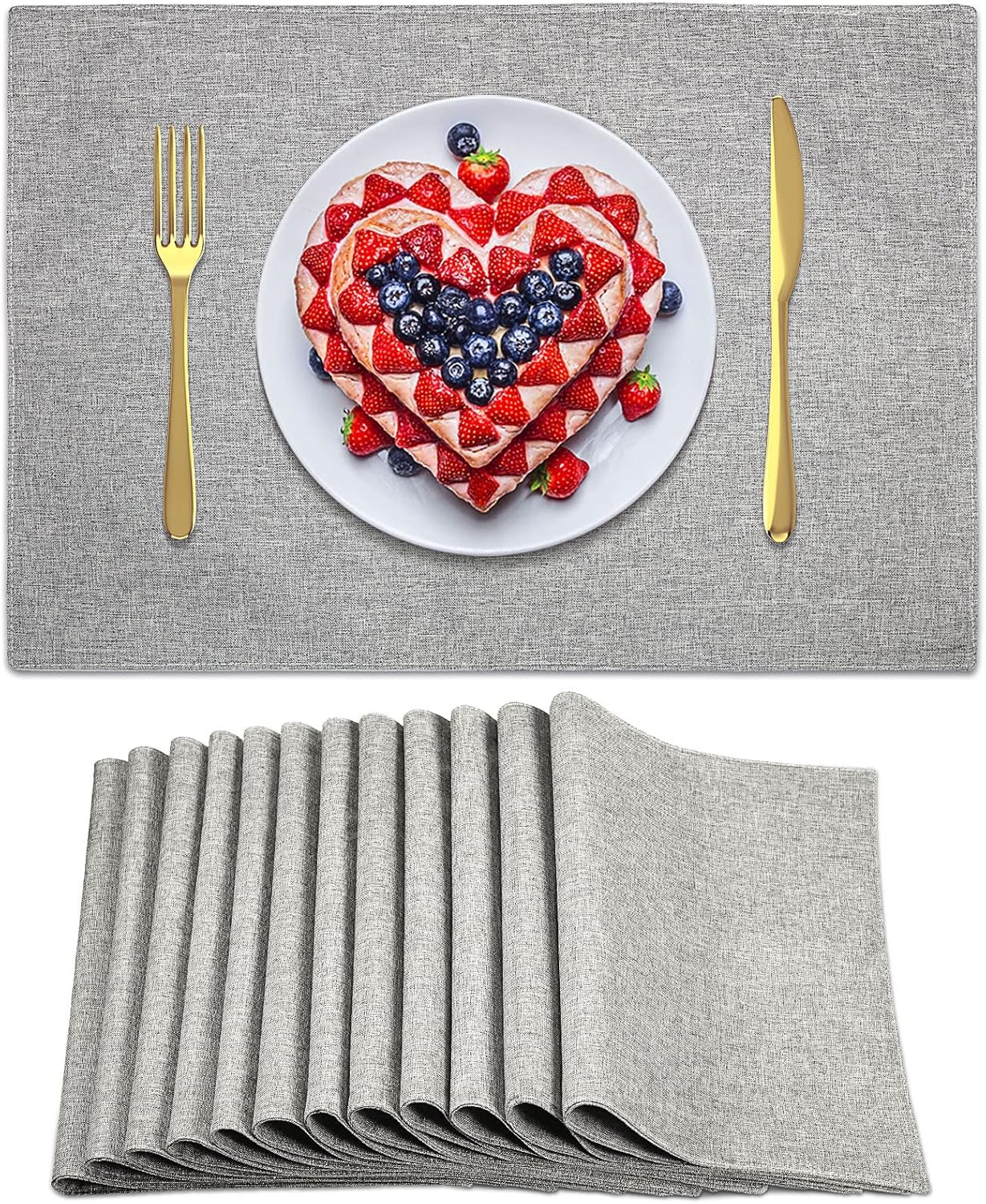 Sieral Cloth Placemats Set of 12 Rectangle Dining Table Placemats Bulk 13 x 19 Inch Machine Washable Heat Resistant Cotton Linen Table Mats for Wedding Baby Shower Birthday Party Supplies(Light Grey)
