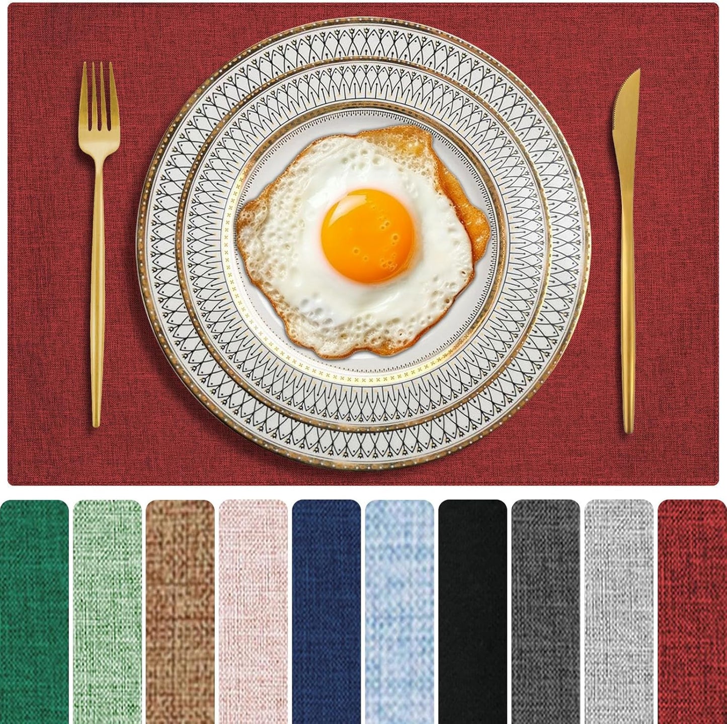 Red Cloth Placemats Set of 6, Cotton Linen Blend Machine Washable Double Layered Durable Place Mats Heat Resistant Placemats Wrinkle Free Thick Fabric Dining Table Mats (Red, 6)