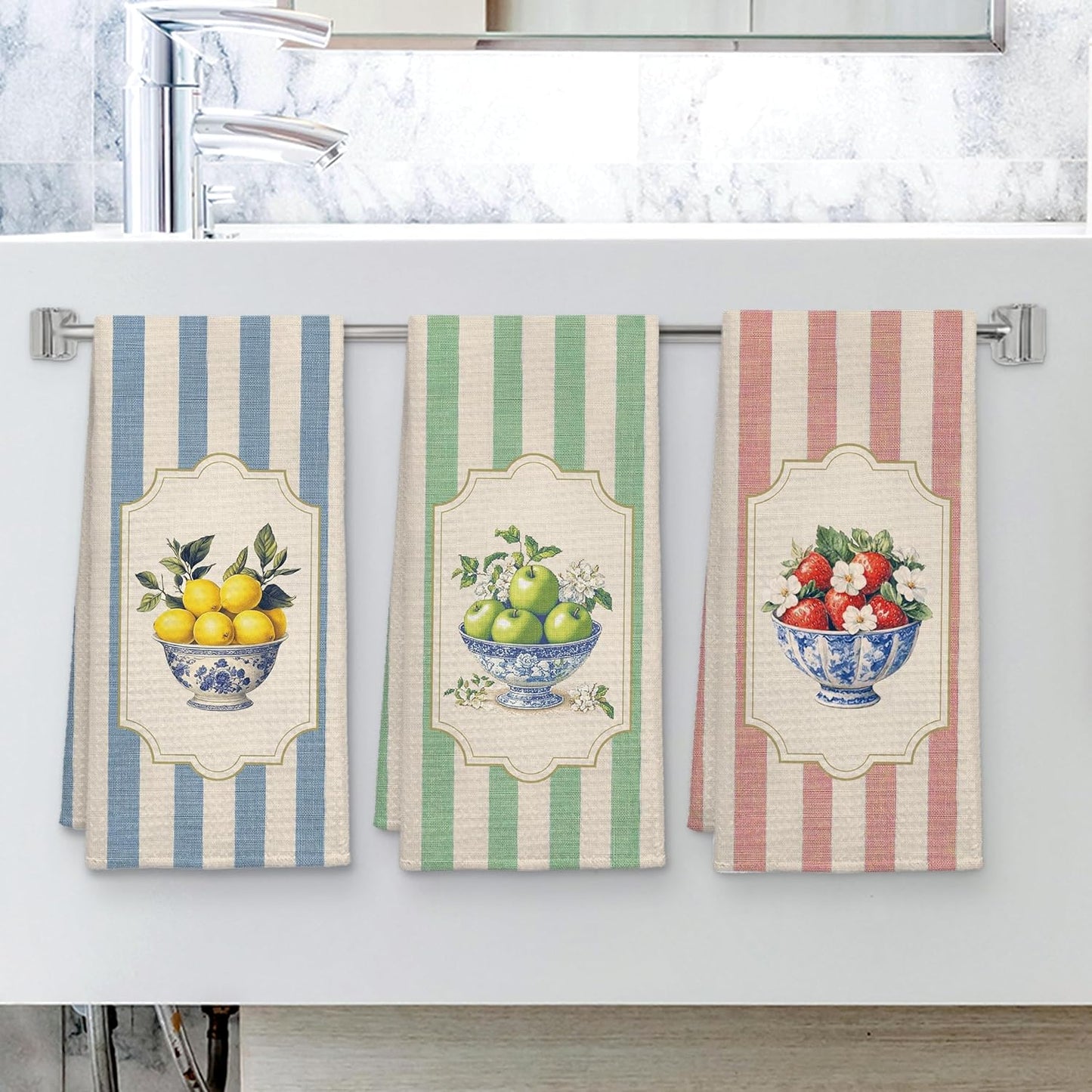 Chinoiserie Floral Fruit Kitchen Towels Set of 3, Retro Striped Lemon Apple Strawberry Dish Tea Towels for Kitchen Decor, Fruit Lover Gifts Decorative Hand Towel, 16x24 Inch