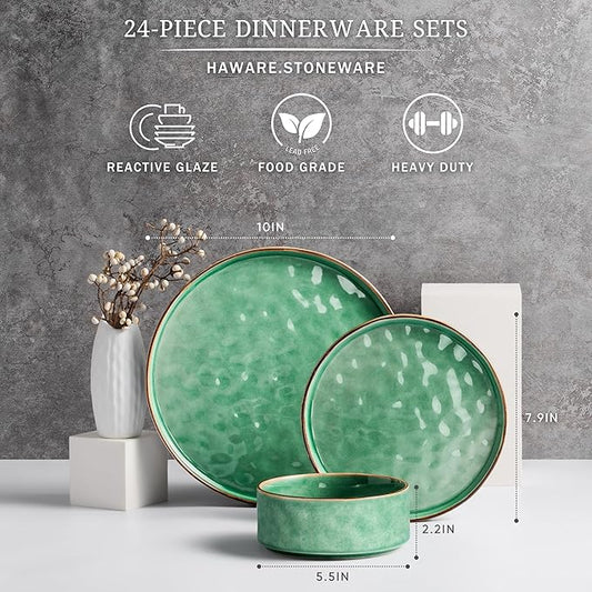 HaWare Dinnerware Sets, 24-Piece Plates and Bowls Set, Stoneware Dish Set for 8, Ceramic Dinnerware for Home Restaurant, Chip and Scratch Resistant, Microwave and Dishwasher Safe, Reactive Green