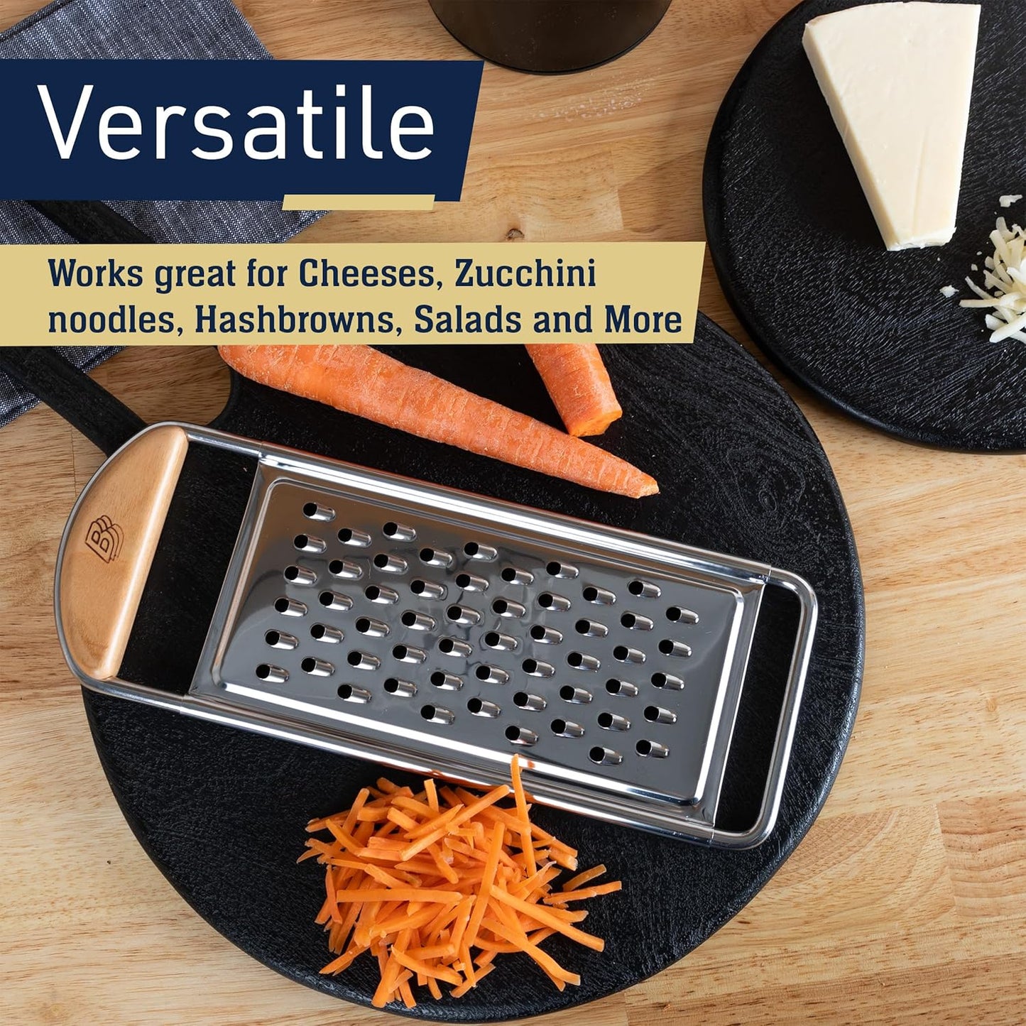 Cheese Grater Handheld - Stainless Steel Flat Food Grater with Cherrywood Handle - Coarse Shredder Kitchen for Medium-Hard Cheese and Vegetables - Italian Made Kitchen Gadgets by Kings County Tools
