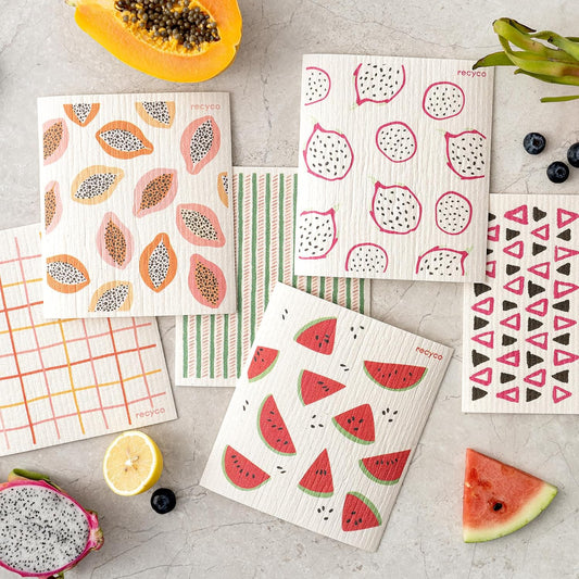 RECYCO Swedish Dishcloths for Kitchen | 6 Pack Tropical Fruit Washable Dish Rags | Cellulose Reusable Cleaning Paper Towels | Absorbent Counter Dish Cloth Sponge Kitchen Wipes, 8" L x 7" W