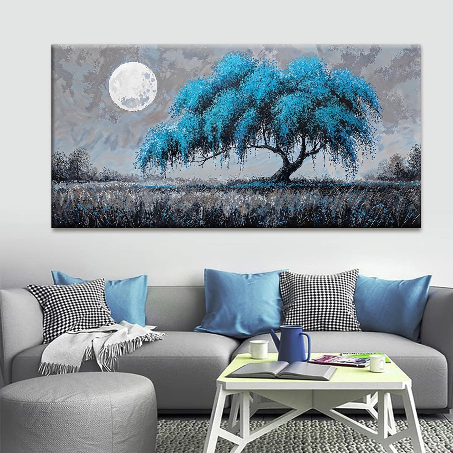 Large Wall Art For Living Room Modern Blue Tree Of Life Wall Art Decor Canvas Prints Artwork For Wall Decor Bedroom Office Kitchen Ready To Hang 29x58 Inch