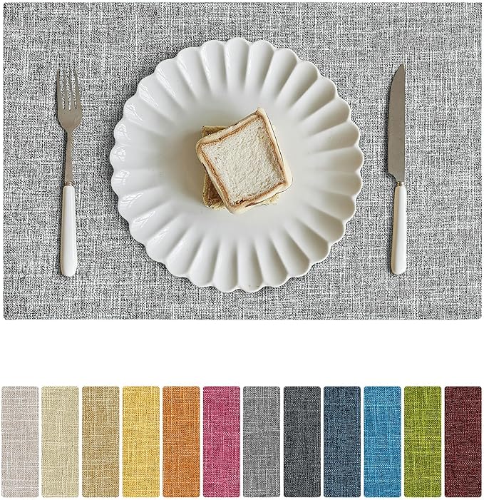 Softalker Faux Linen Placemats Set of 12-12 x 18 Inch, Heat Resistant Double Layered Durable Burlap Farmhouse Place Mats, Non-Slip Washable Rustic Table Mats for Dining, Kitchen, Party（Ash Grey
