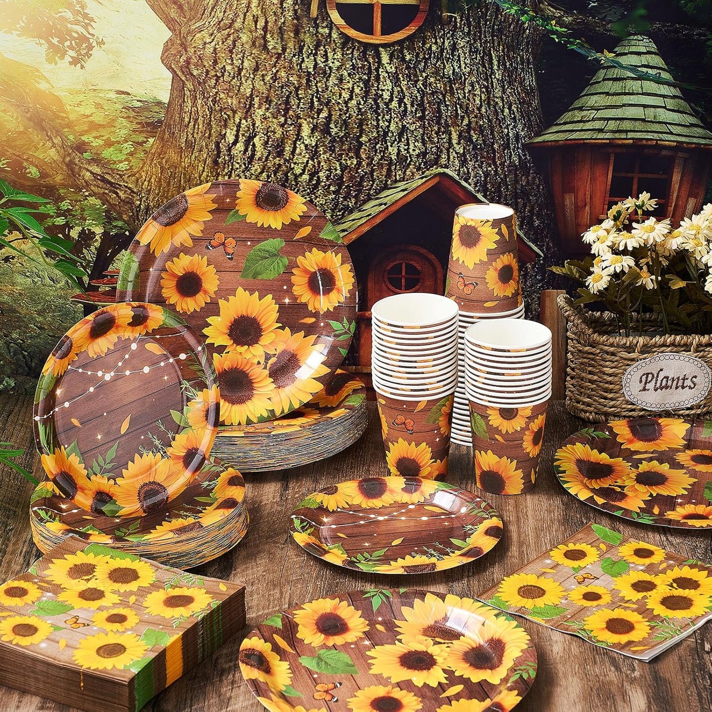 250 Pcs Sunflower Party Decorations Include Spring Summer Floral Paper Plates Napkins and Cups for Wildflower Baby Shower Tea Decorations, Serve 50 Guest(Yellow and Brown,Sunflower Style)