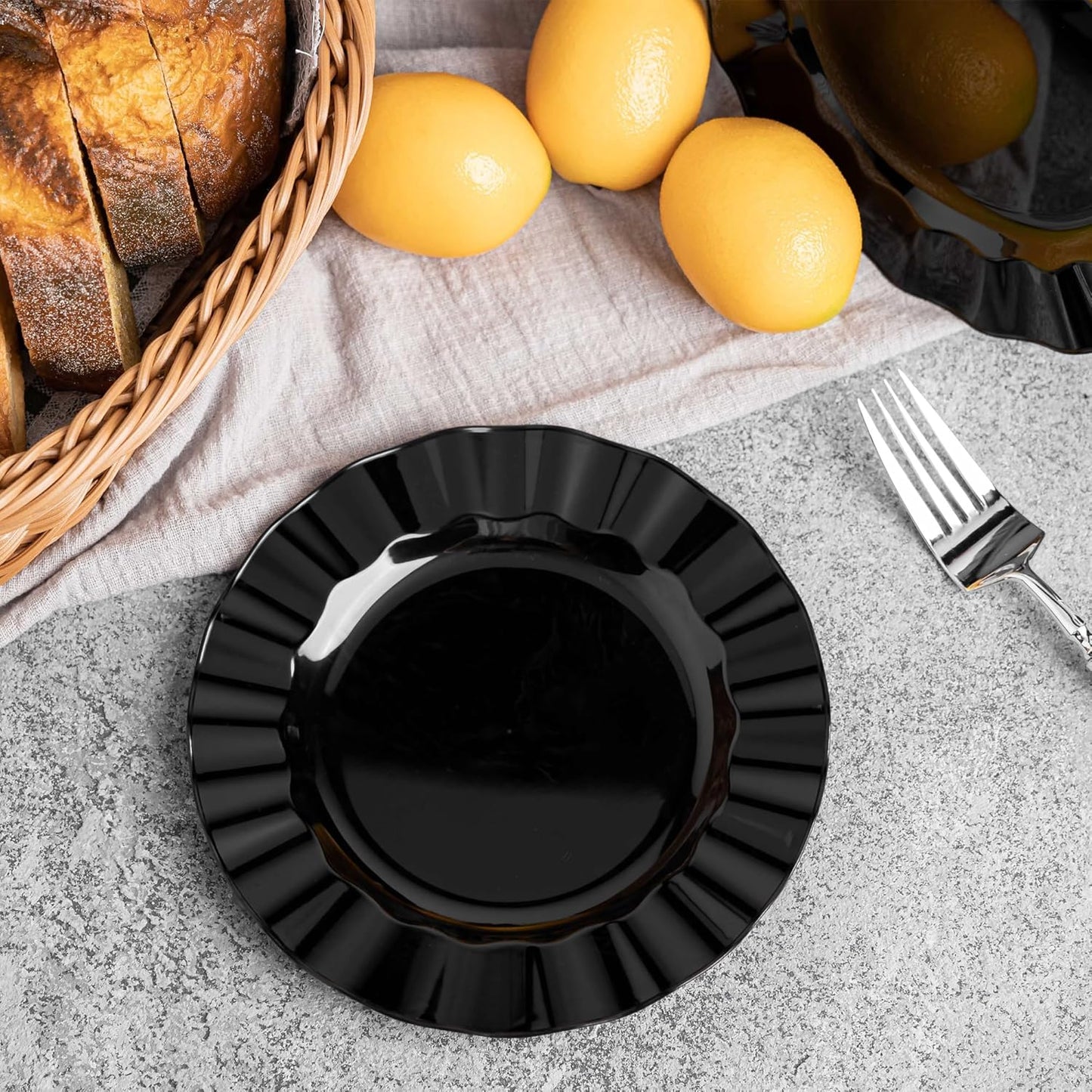 72 Pack Black Plastic Plates, 7" Disposable Wave Salad/Dessert Plates Elegant Heavy Duty Plate for Party, Wedding, Thanksgiving, Christmas