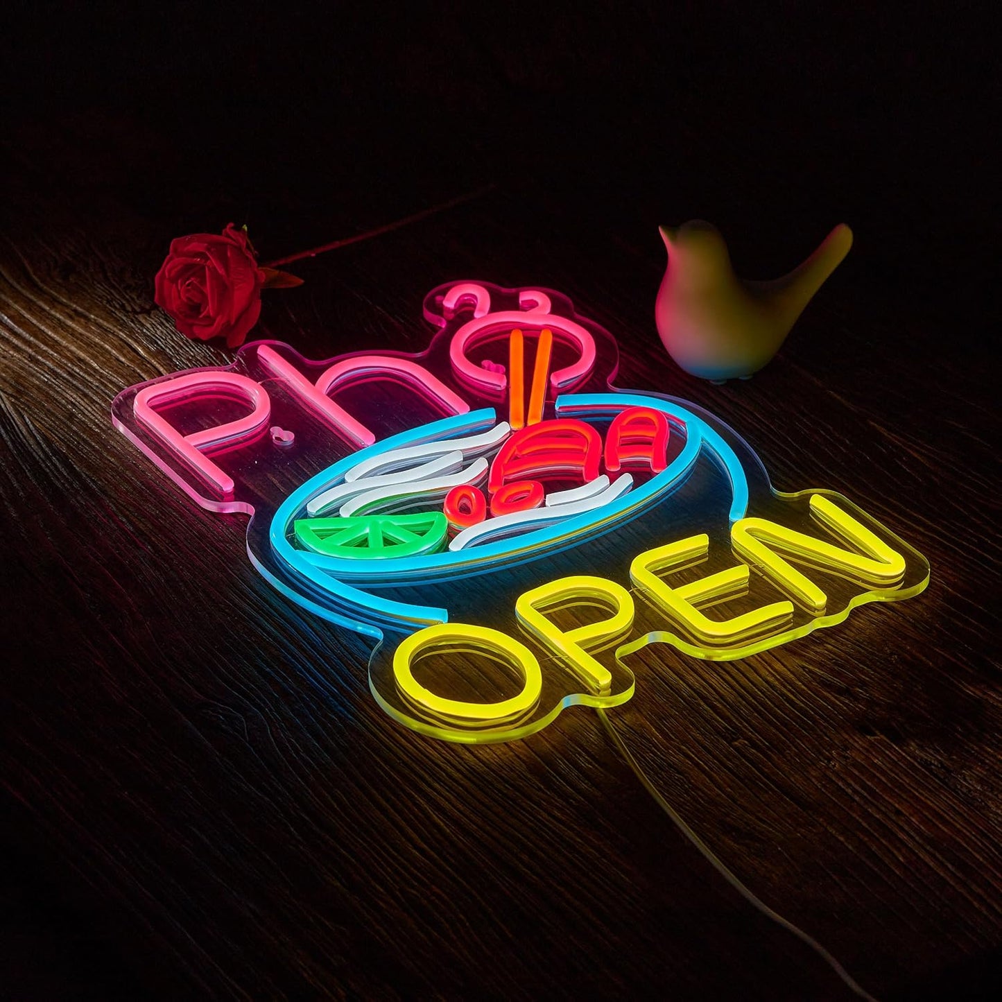 Vietnamese Pho Open Neon Sign Dimmable USB Powered LED Ramen Bowl Open Signs for Restaurant Business Food Truck Kitchen Wall Decor Light