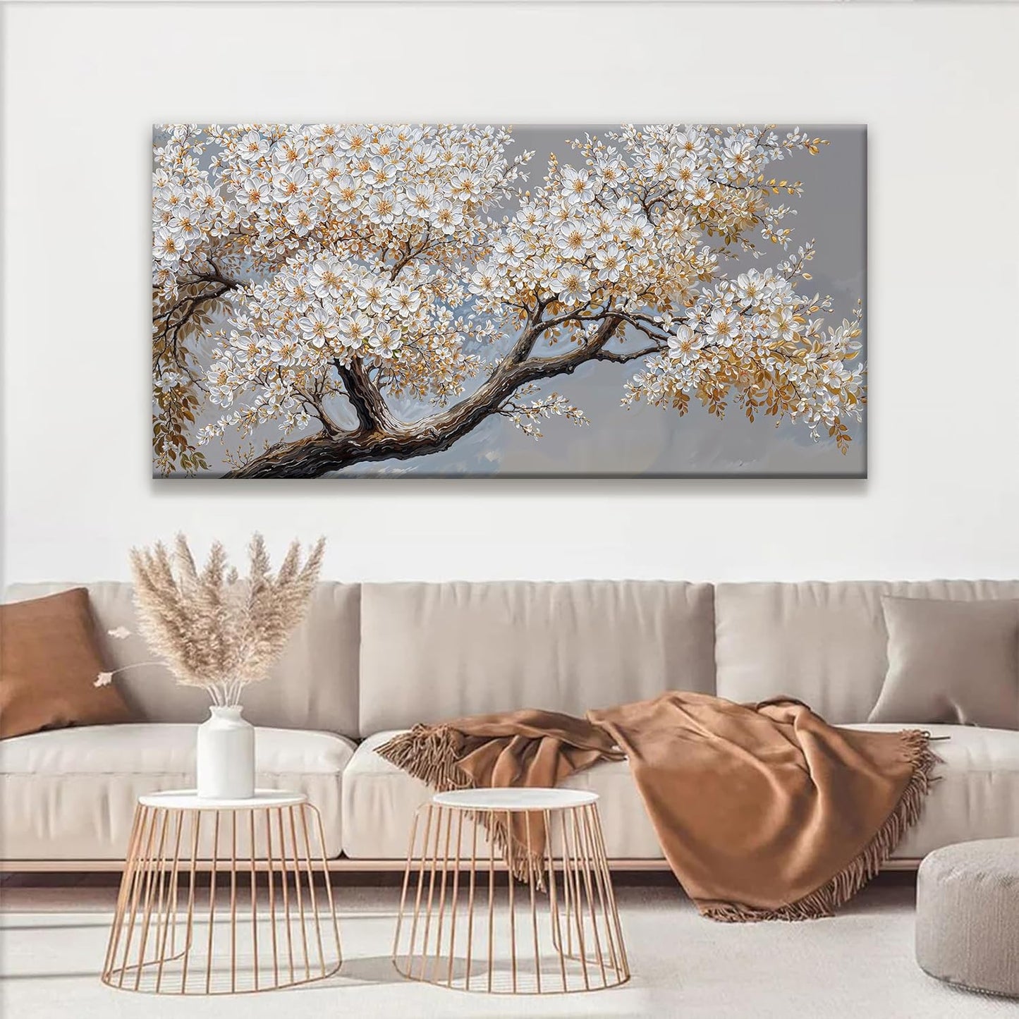 Canvas Wall Art Decor White Flowers On Tree Artwork Wall Decor Living Room Canvas Prints Modern Wall Art For Office Kitchen Canvas Prints Decor 24x48 Inch