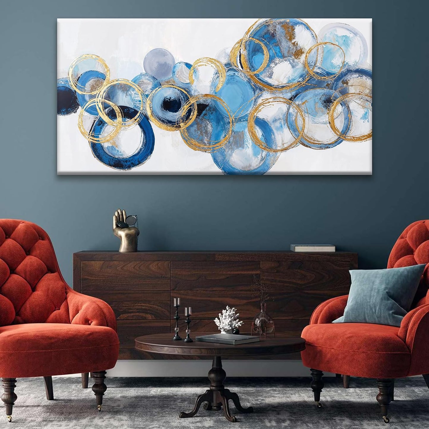 Suconvng Large Abstract Wall Art For Living Room Modern Canvas Decorations Maximalist Blue Gold Circle Canvas Wall Art Decor Prints Artwork Bedroom Kitchen Office Home Wall Artwork 29" × 58"
