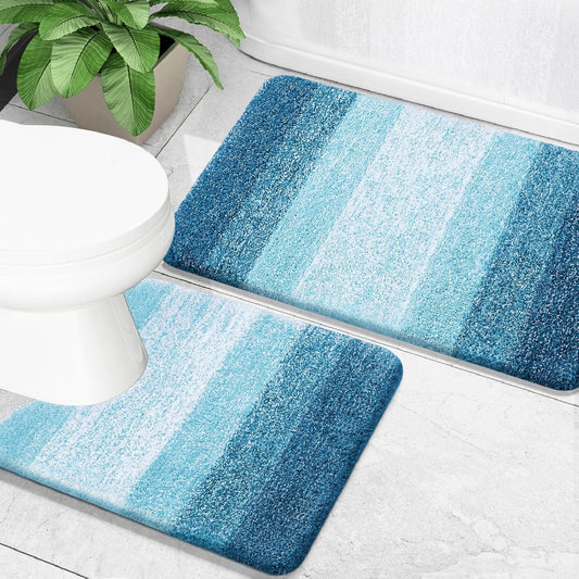OLANLY Bathroom Rug Set 2 Piece, Soft Absorbent Microfiber Bath Mats and U-Shaped Contour Toilet Rug, Non-Slip, Machine Wash Dry, Plush Shaggy Bath Mats for Bathroom (24"x16"+24"x20", Peacock Blue)