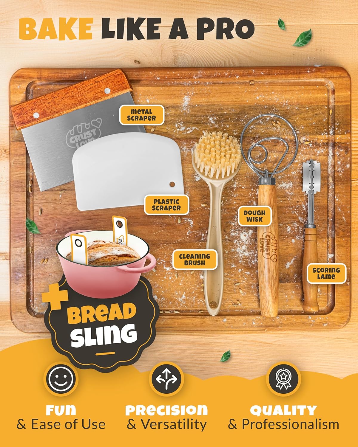 Dutch Oven for Bread Baking - incl. Sourdough Bread-Baking Supplies like Banneton Bread-Proofing Basket - 5QT Enameled Cast Iron Bread-Oven with Lid, Baking Pan, Scoring Tool Lame