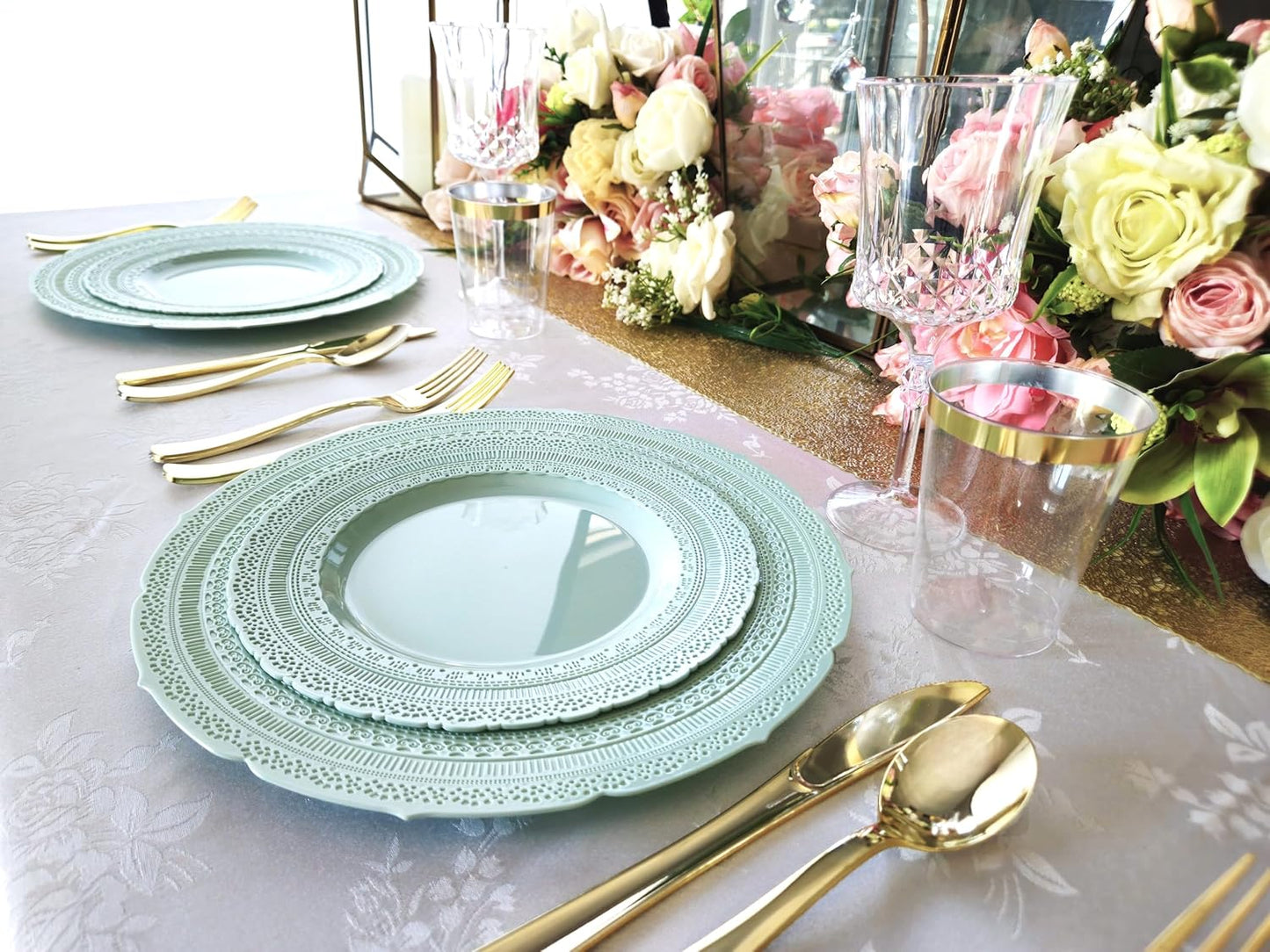" OCCASIONS " 80 Plates Pack,(40 Guests) Extra Heavyweight Vintage Wedding Disposable/Reusable Plastic Plates 40 x 11'' Dinner + 40 x 8.25'' Salad/Dessert Plate (Chateau in Mint)