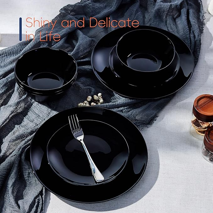 Dinnerware Sets for 6, LaGlint 18 Pieces Opal Glass Plates and Bowls Set, Dishwasher and Microwave Safe Dish Dinning Ware, Chip and Scratch Resistant Dishware Black