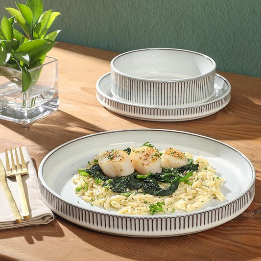 Gibson Elite 12 Piece (Service for 4) Townscape Plates and Bowls Reactive Glaze Embossed Round Dishes Terracotta Ceramic Dinnerware Set - Cream White
