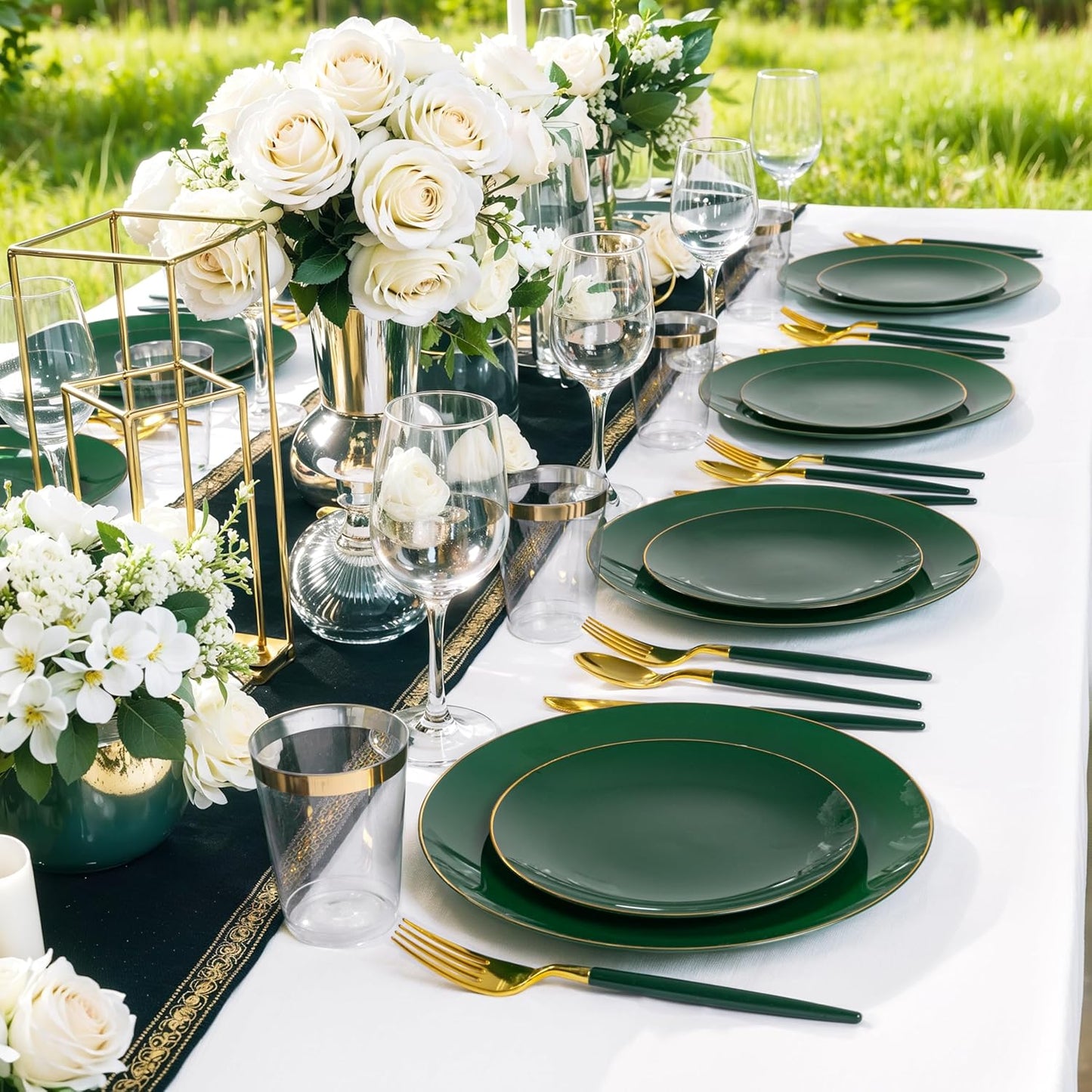 DaYammi 150Pcs Green and Gold Plastic Plates Heavy Duty Gold Rimmed plates Green Plastic Disposable Plates Included 30 Dinner Plate,30 Dessert plate,30 Knives,30 Forks,30 Spoons for Party