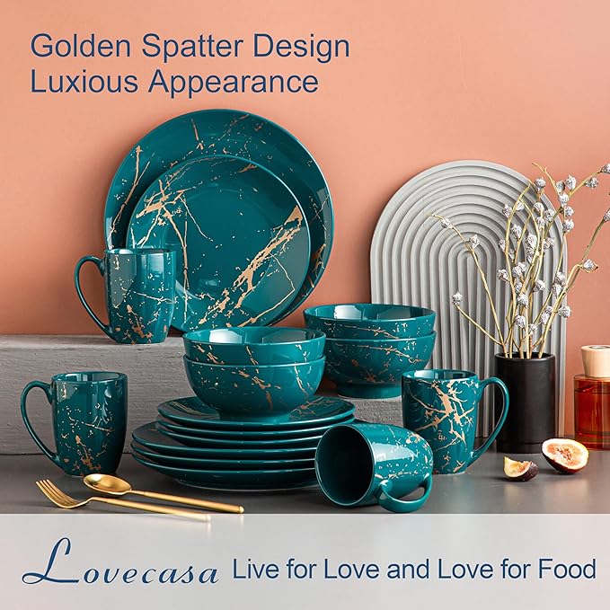 LOVECASA Porcelain Dinnerware Sets for 4, 16 PCS Plates and Bowls Set, Color Glaze with Gold Plate Dish Set, Dinner Sets with Dinner Plates, Dessert Plate, Bowls and Mugs, Dark Green