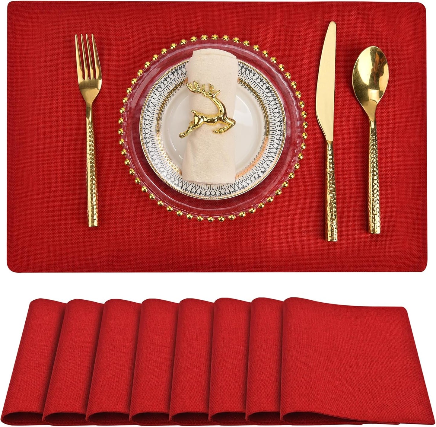 SLKQG Red Linen-Look Fabric Placemats Set of 8, Heat Resistant & Machine Washable Double-Layered Cloth Placemats for Dining Table, Indoor/Outdoor Use, Non-Slip Kitchen Table Mats (8, Bright Red)