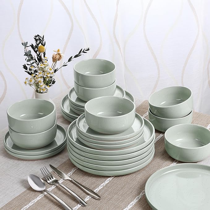 HaWare Stoneware Dinnerware Sets, 24-Piece Plates and Bowls Set for 8, Dishes Set for Home Restaurant,Speckled Asparagus Green