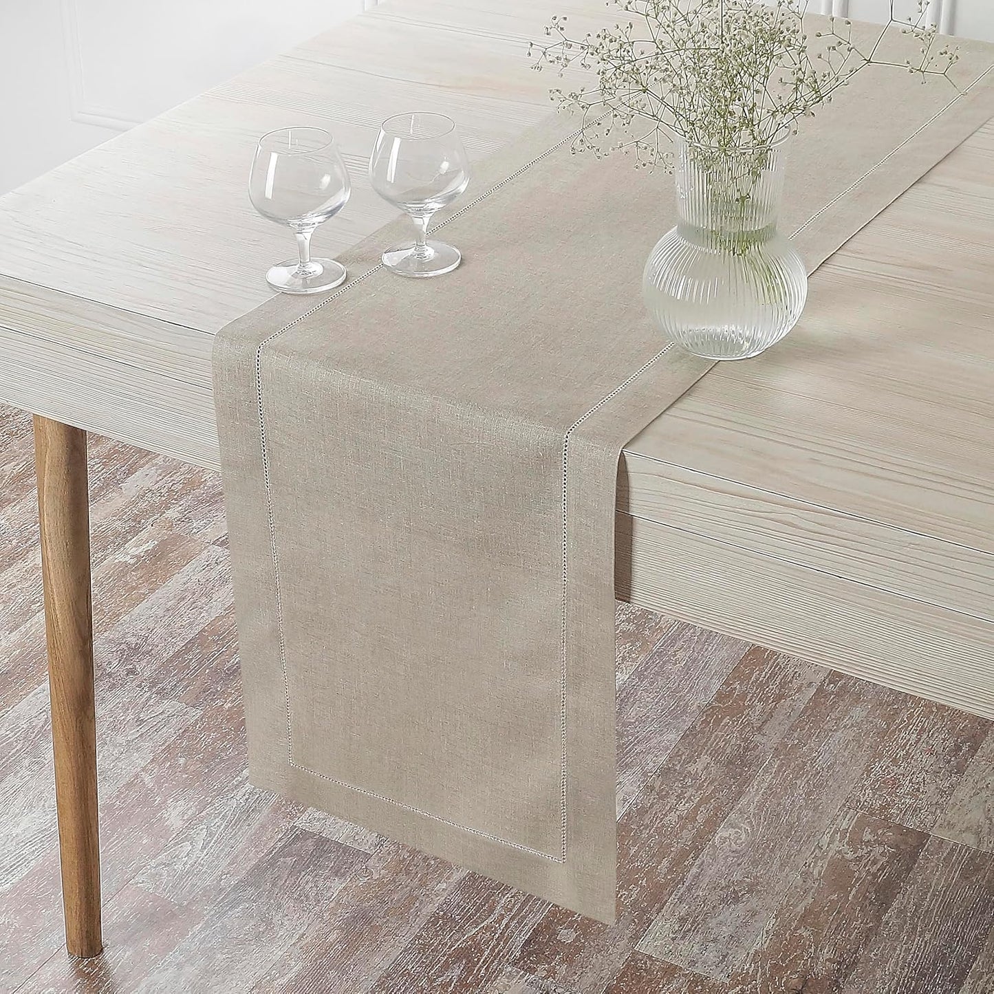 D'Moksha Homes Linen Natural Table Runner 120 Inches Long - 100% Pure Linen Hemstitch 14 x 120 Inch Table Runner for Dining, Fall, Autumn and Halloween - Classic Hemstitch