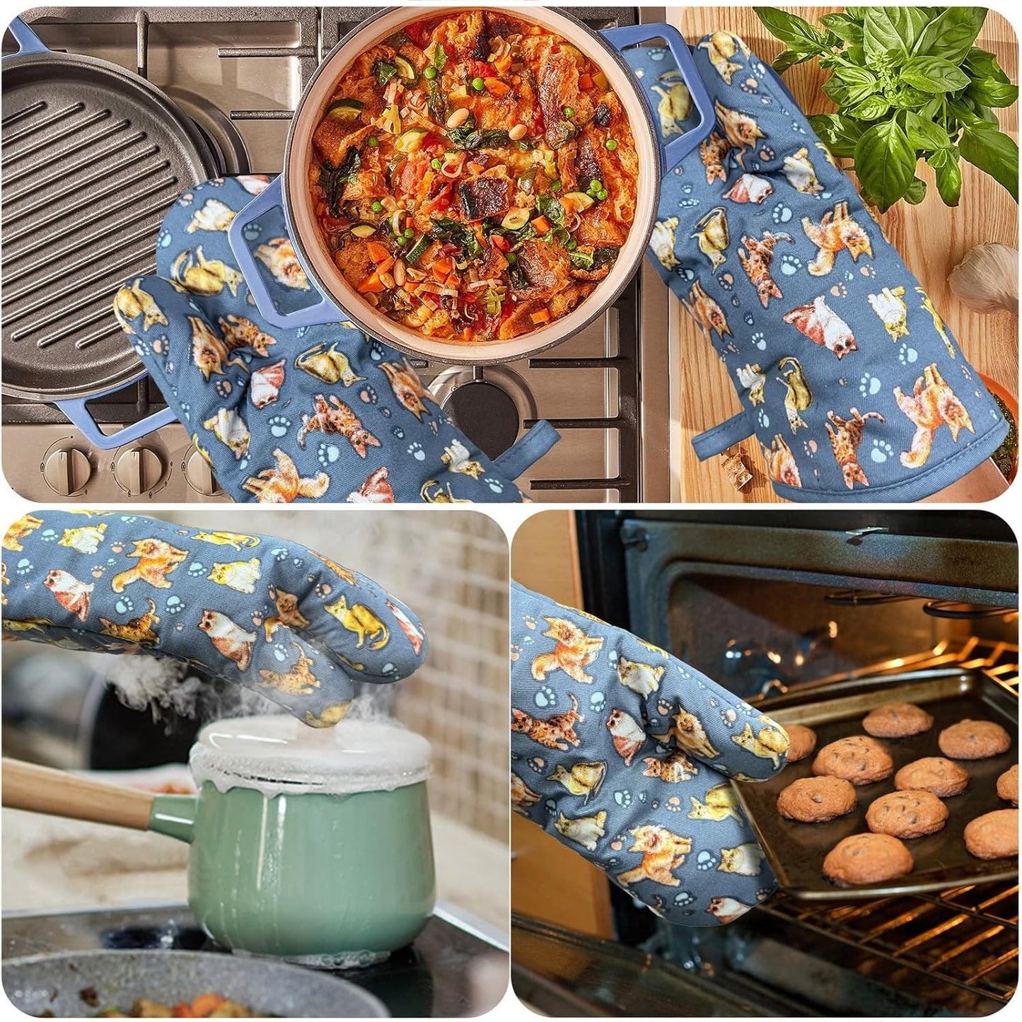 Oven Mitts Gloves 1 Pair Heat Resistant 480 ℉ Non Slip Clear Silicone Printed Cat Comfortable Cotton Lining Kitchen Men Cooking Barbecue Machine Washable (Cat, Blue Mitts)