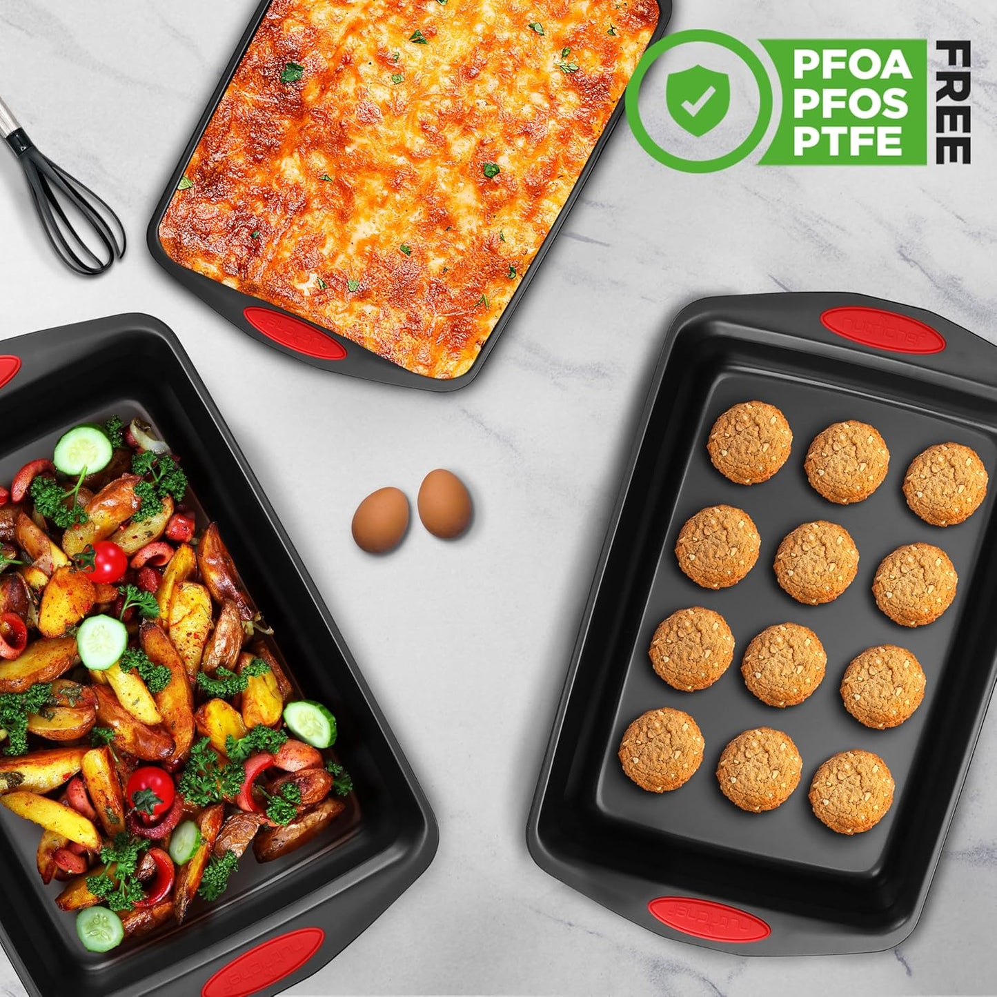 NutriChef 3-Piece Baking Pan Set - Premium Nonstick Carbon Steel Bakeware w/ Silicone Handles - Includes Large, Medium, & Small Pans for Baking & Roasting - PFOA, PFOS, PTFE Free - Black