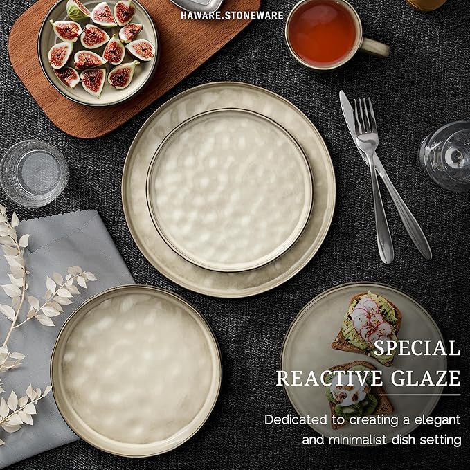 HaWare Dinnerware Sets, 24-Piece Plates and Bowls Set, Stoneware Dish Set for 8, Ceramic Dinnerware for Home Restaurant, Chip and Scratch Resistant, Microwave and Dishwasher Safe, Reactive Khaki