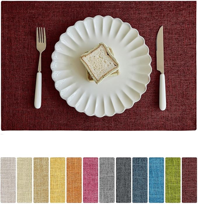 Softalker Faux Linen Placemats Set of 4-12 x 18 Inch, Heat Resistant Double Layered Durable Burlap Farmhouse Place Mats, Non-Slip Washable Rustic Table Mats for Dining, Kitchen, Party（Red