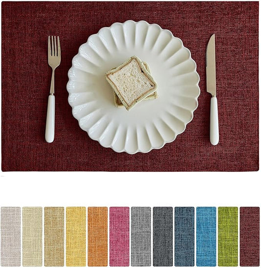 Softalker Faux Linen Placemats Set of 4-12 x 18 Inch, Heat Resistant Double Layered Durable Burlap Farmhouse Place Mats, Non-Slip Washable Rustic Table Mats for Dining, Kitchen, Party（Red