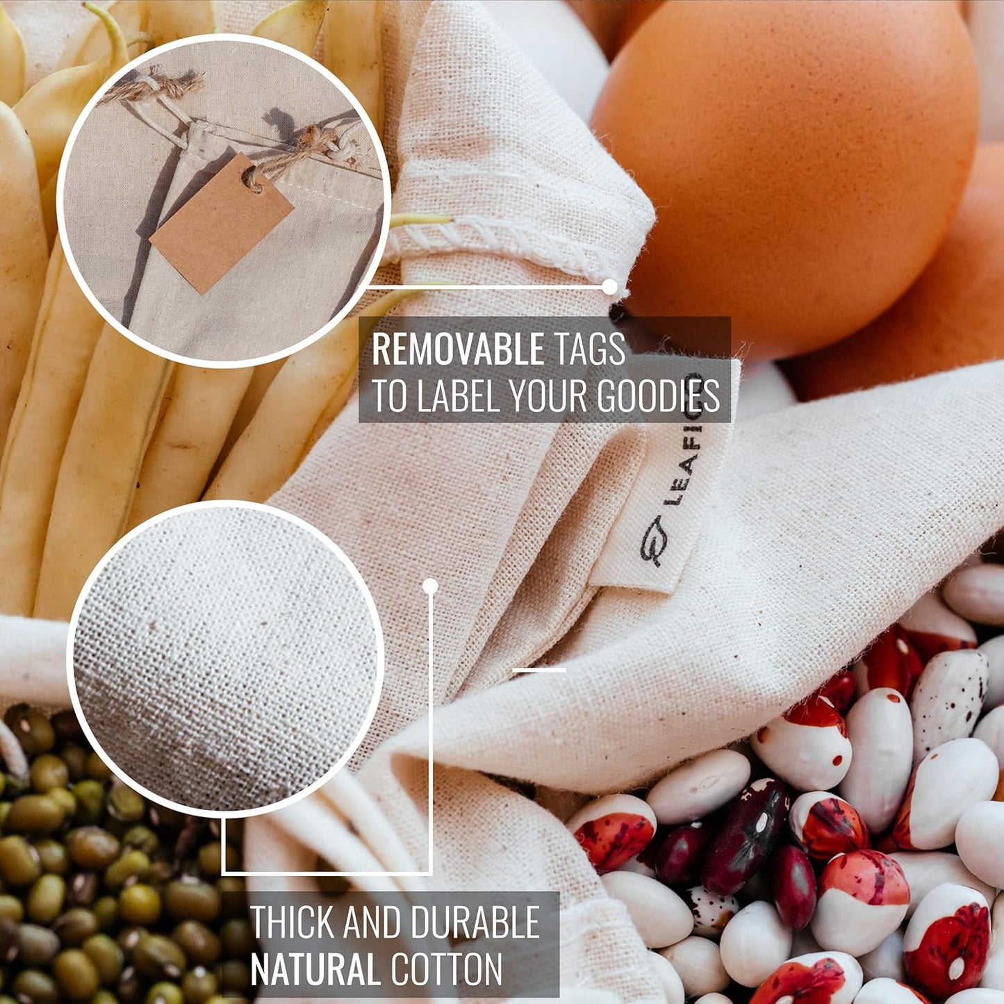 Organic Cotton Produce Bags - Medium 8x10 Inch (12 Bags) - Reusable Muslin Storage Bags with Drawstrings - Biodegradable Canvas Fabric - Perfect for Snacks, Clothes