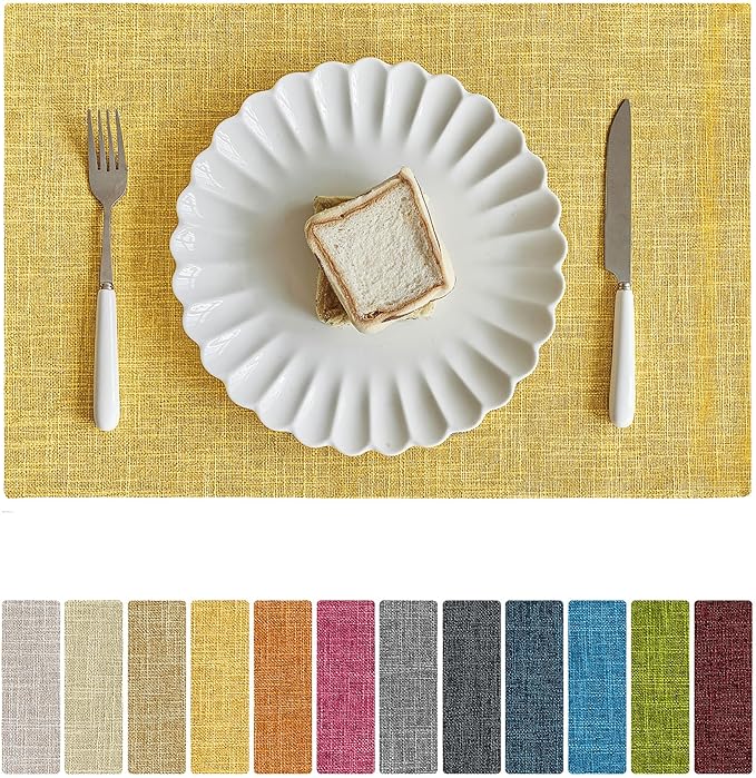 Softalker Faux Linen Placemats Set of 6-12 x 18 Inch, Heat Resistant Double Layered Durable Burlap Farmhouse Place Mats, Non-Slip Washable Rustic Table Mats for Dining, Kitchen, Party（Yellow