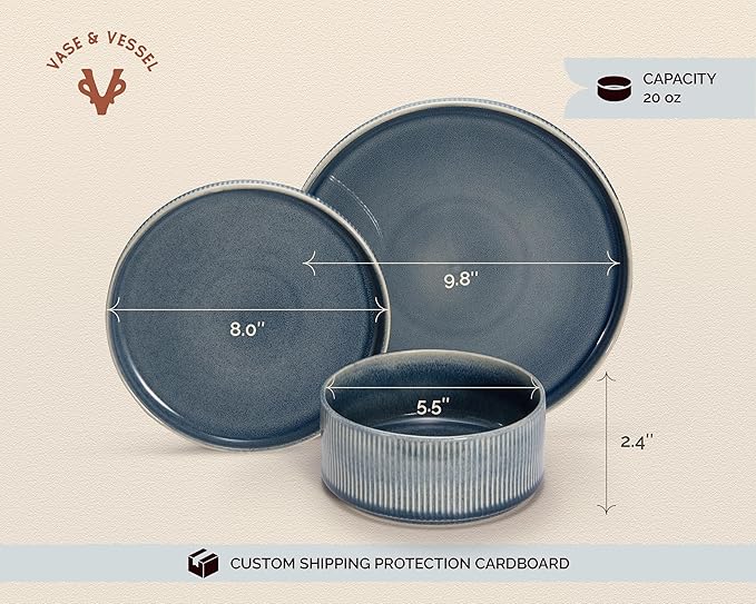 Ceramic Dinnerware Set, by Vase and Vessel, 12-Piece Service for 4, 9.8” Dinner Plates, 8” Salad Plates, 20 oz Bowls, Ombre Reactive Glaze, Durable Stoneware, Microwave & Dishwasher (Denim)