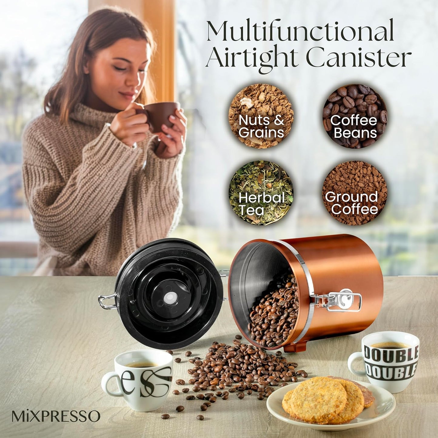 Mixpresso 16 Oz Copper Coffee Canister, Stainless Steel Airtight Coffee Container, Ground and Bean Storage with Date Tracker, Vacuum Sealed Espresso Airtight Container, Sugar Container