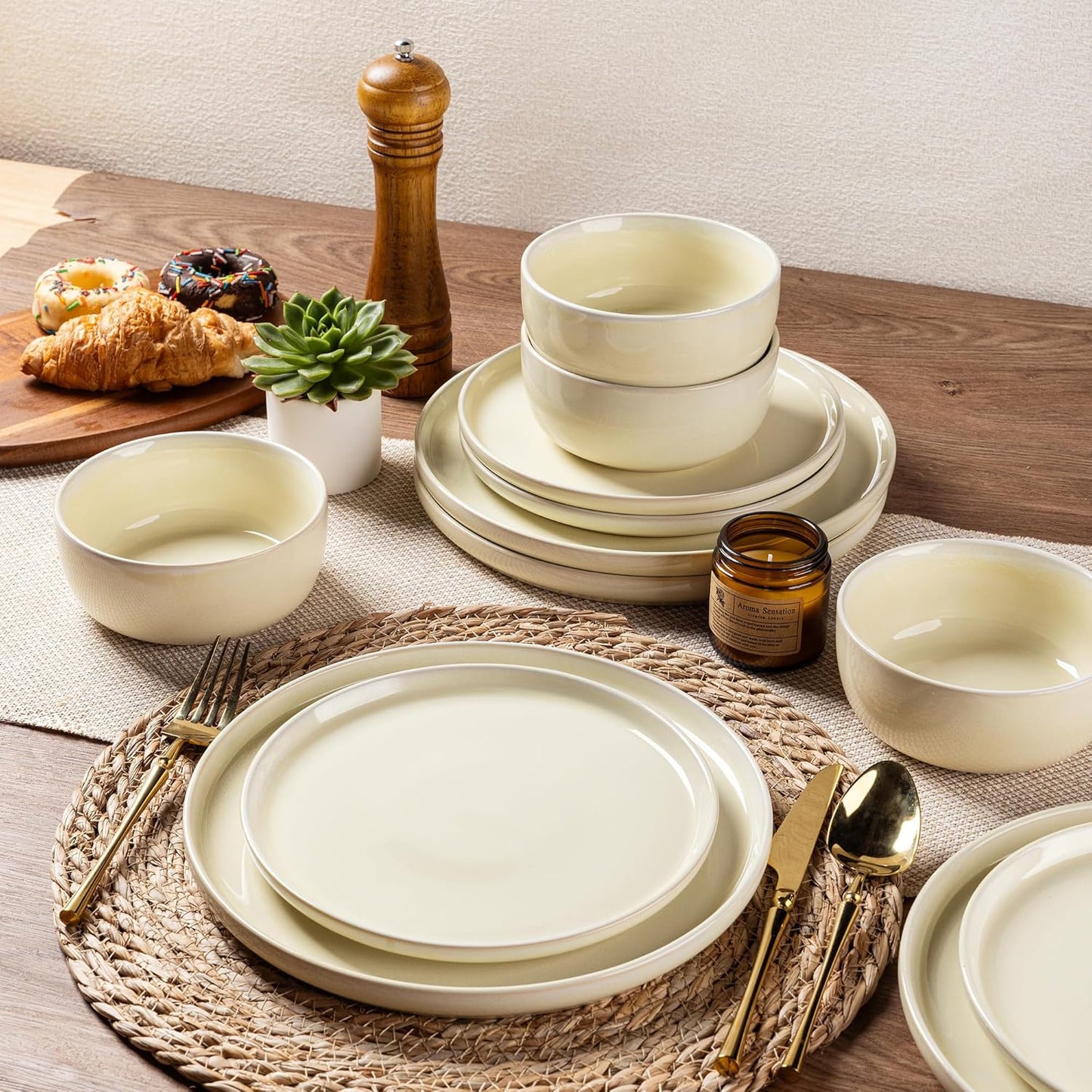 AmorArc Stoneware Dinnerware Sets for 4,Round Reactive Glaze Ceramic Plates and Bowls Set,Highly Scrath Resistant | Dishwasher & Microwave Safe Dishes Set,Service for 4 (12pc)