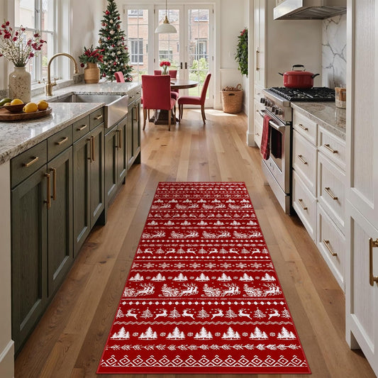 2x6 Christmas Runner Rug Red Washable Carpet Xmas Elk Holiday Decor Kitchen Non Slip Soft Low Pile Carpet Indoor Throw Snowflake Rug Laundry Room Living Room Bedroom Dining Room
