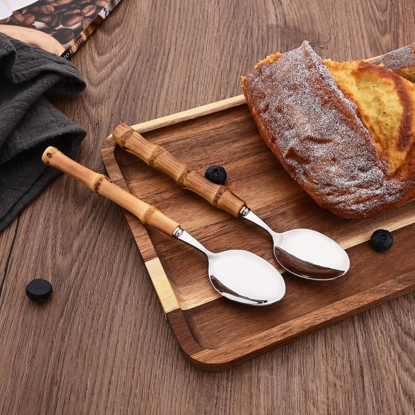 8-Piece Bamboo Handle Dinner Spoon Set, Stainless Steel Spoons for Kitchen Home and Restaurant, Mirror Polished, 8.03 inch