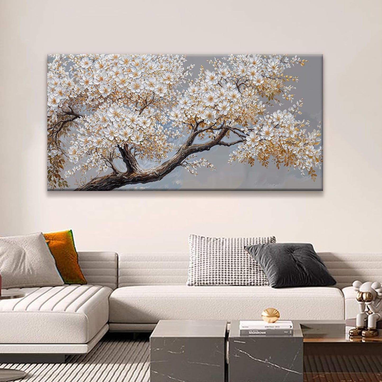 Canvas Wall Art Decor White Flowers On Tree Artwork Wall Decor Living Room Canvas Prints Modern Wall Art For Office Kitchen Canvas Prints Decor 24x48 Inch