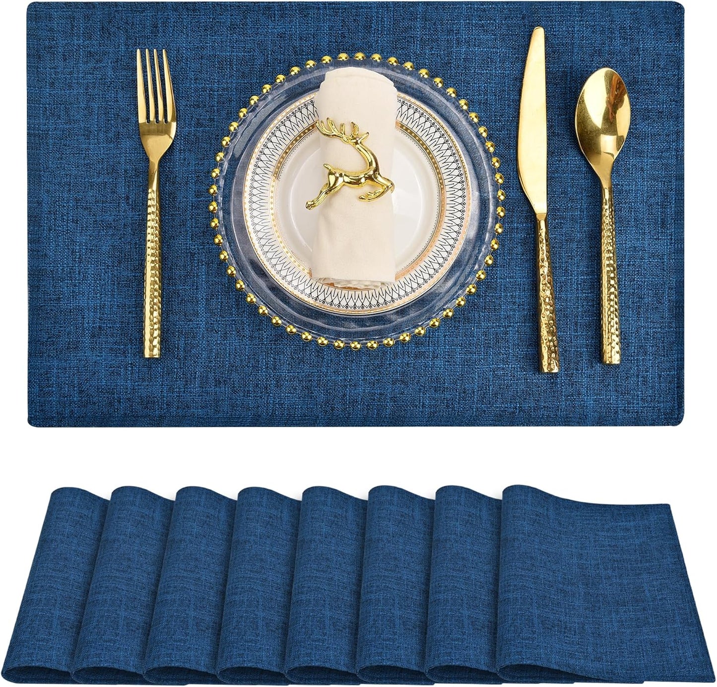 SLKQG Navy Linen-Look Fabric Placemats Set of 8, Heat Resistant & Machine Washable Double-Layered Cloth Placemats for Dining Table, Indoor/Outdoor Use, Non-Slip Kitchen Table Mats (8, Navy)